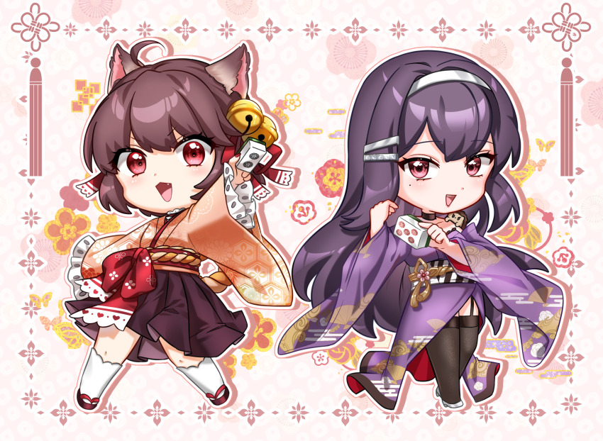 2girls ahoge animal_ears bell black_hair black_sash black_thighhighs blush bow brown_hair brown_skirt cat_ears cat_girl chibi chibi_only commentary_request egasumi full_body garter_straps grey_hairband gwanwoo hair_bell hair_ornament hair_ribbon hairband hairclip highres holding holding_mahjong_tile ichihime japanese_clothes jingle_bell kimono long_hair long_sleeves looking_at_viewer mahjong mahjong_soul mahjong_tile mole mole_under_eye multiple_girls nikaidou_miki obi open_mouth pink_background pink_kimono pleated_skirt purple_kimono red_bow red_eyes red_footwear red_ribbon red_sash ribbon sandals sash short_hair skirt smile striped_sash thighhighs waist_bow white_sash wide_sleeves zouri