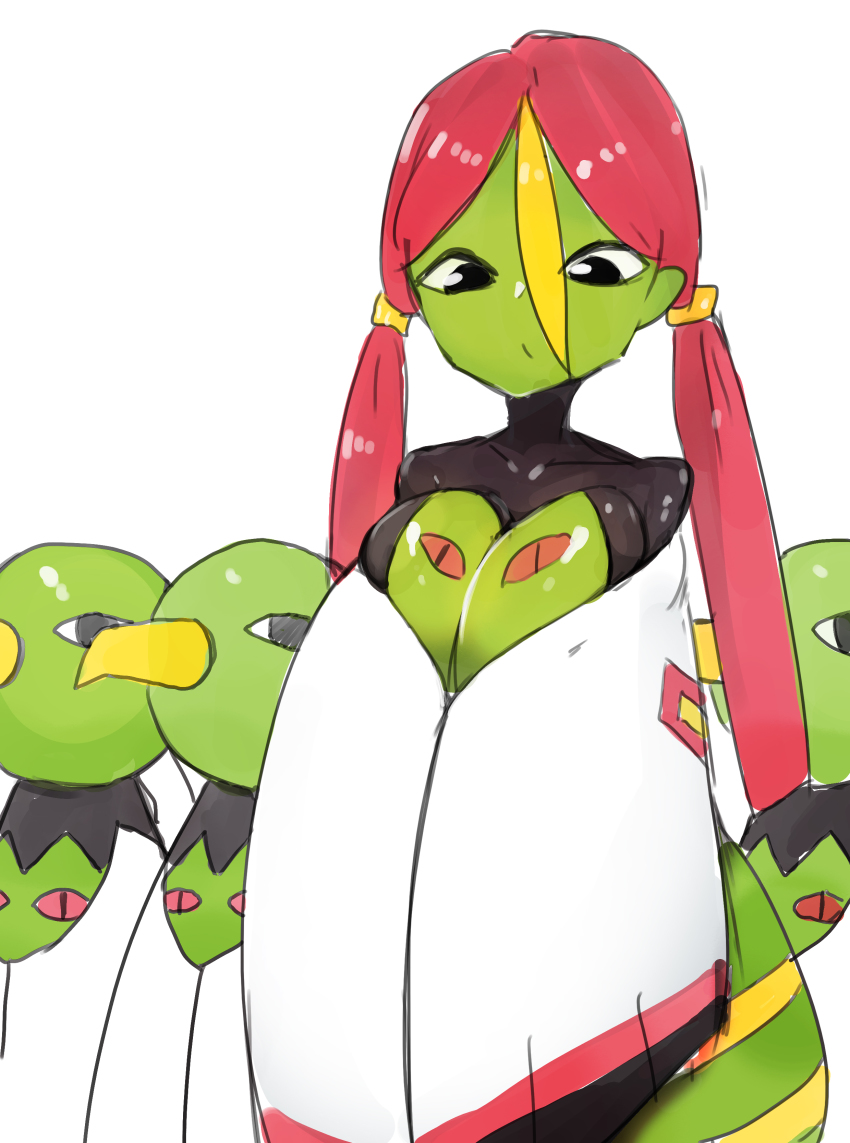 1girl absurdres bare_shoulders bird black_eyes black_skin blonde_hair breasts breasts_squeezed_together cleavage closed_mouth collarbone colored_skin female_focus gen_2_pokemon green_skin hair_between_eyes hair_tie highres large_breasts long_sleeves looking_down multicolored_hair multicolored_skin my700 nintendo personification pokemon pokemon_(creature) red_hair shiny_skin simple_background sketch sleeves_past_fingers sleeves_past_wrists twintails two-tone_hair two-tone_skin white_background wide_sleeves xatu