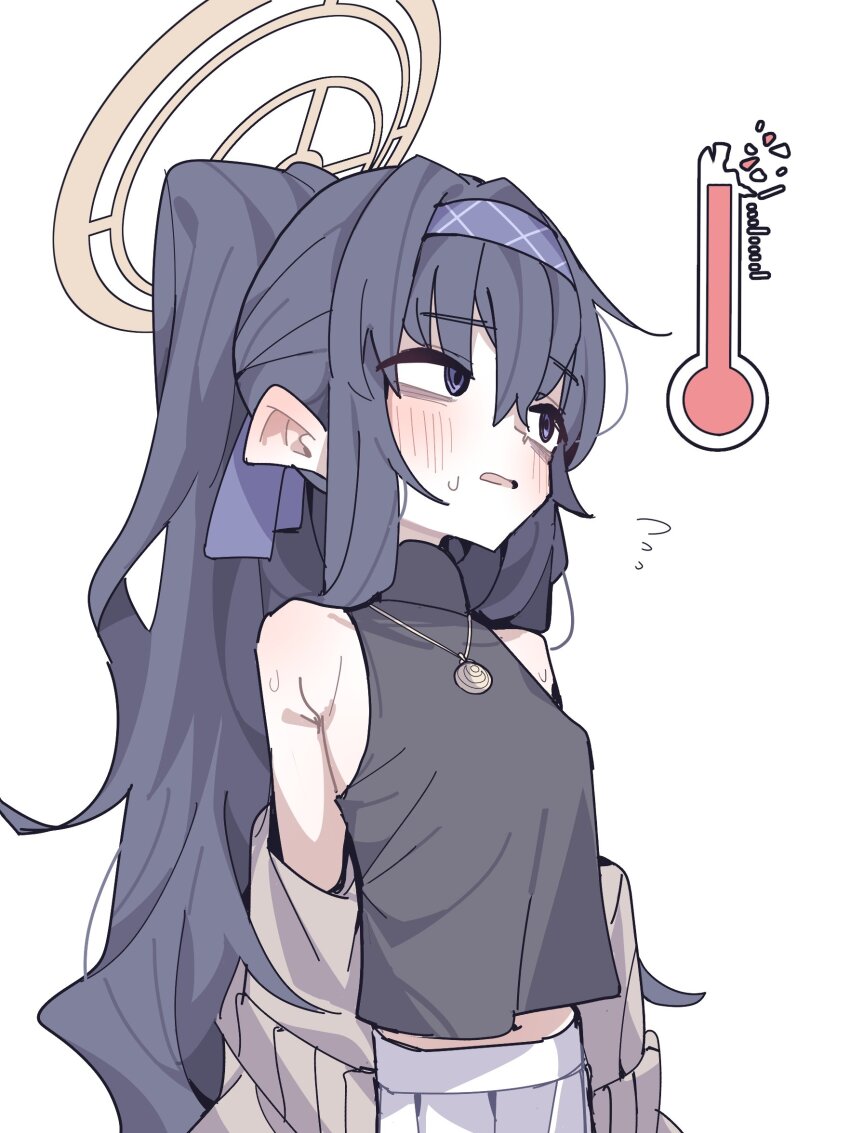 1girl bags_under_eyes black_hair blue_archive blush cardigan hair_between_eyes hairband halo highres koyansuee long_hair looking_at_viewer skirt sleeveless sleeveless_turtleneck solo thermometer turtleneck ui_(blue_archive)