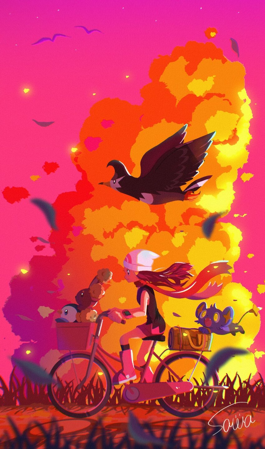 1girl 4others artist_name bag basket beanie bicycle bird black_hair black_shirt black_socks boots buneary dawn_(pokemon) floating_hair floating_scarf flying gen_4_pokemon grass hair_ornament hairclip hat highres holding_on in_basket in_container lion_cub long_hair looking_ahead multiple_others nintendo orange_clouds penguin pink_boots pink_skirt pink_sky piplup poke_ball_print pokemon pokemon_(creature) pokemon_dppt poketch rabbit red_scarf riding riding_bicycle scarf shinx shirt signature simple_bird skirt sky sleeveless sleeveless_shirt smile socks staravia sunset watch white_hat wristwatch yellow_bag zzsawazz12