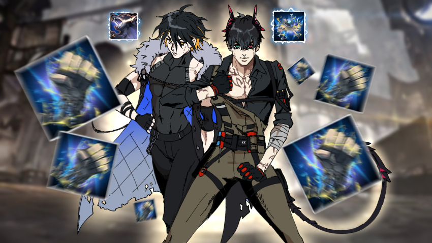 2boys abs ahoge alchemy_stars araki_hirohiko_(style) bandaged_arm bandages black_gloves black_hair black_pants black_shirt blurry blurry_background cape chain closed_mouth collared_shirt colored_inner_hair commentary covered_navel demon_horns english_commentary fingerless_gloves fleur_(alchemy_stars) gameplay_mechanics giorno_giovanna&#039;s_pose_(jojo) gloves heterochromia horns hydrad_(alchemy_stars) jojo_no_kimyou_na_bouken jojo_pose legs_apart looking_at_viewer lumbbyz male_focus multicolored_hair multiple_boys open_clothes open_shirt overalls pants parody shirt short_hair sleeveless sleeveless_shirt standing tail tattoo vento_aureo yellow_eyes