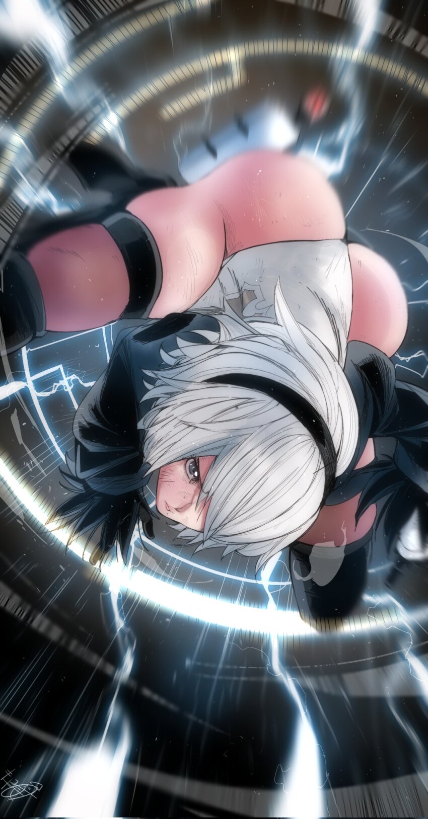 1girl 2b_(nier:automata) action ass bent_over black_footwear black_hairband blue_eyes bob_cut boots clenched_teeth feather-trimmed_sleeves feet_out_of_frame hair_over_one_eye hairband highres huge_ass juliet_sleeves leotard lightning long_sleeves mole mole_under_mouth motion_blur motion_lines nier:automata nier_(series) omochi_db pod_(nier:automata) puffy_long_sleeves puffy_sleeves rain robot_girl serious short_hair skindentation speed_lines squatting teeth thick_thighs thigh_boots thighhighs thighs white_hair