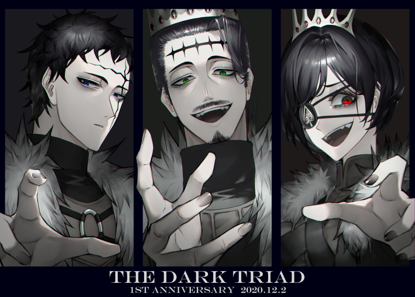 1girl 2boys absurdres anniversary black_border black_clover black_hair black_shirt blue_eyes border brown_jacket brown_vest chest_harness chest_strap column_lineup crown dante_zogratis dated english_text evil_grin evil_smile expressionless eyepatch facial_hair facial_mark frit_2 fur_collar gem goatee green_eyes grin hair_behind_ear hair_slicked_back harness high_collar highres insignia jacket long_bangs looking_at_viewer multiple_boys mustache o-ring open_mouth outside_border outstretched_hand parted_bangs portrait reaching reaching_towards_viewer red_eyes red_gemstone shirt short_hair siblings sideburns smile spade_(shape) tiara vanica_zogratis vest zenon_zogratis
