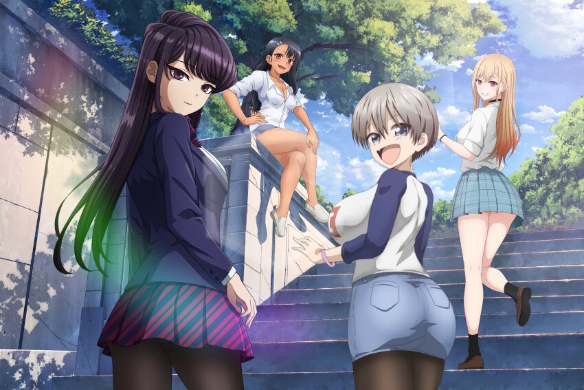 4girls :d absurdres artist_collaboration artist_name black_choker black_eyes black_hair black_pantyhose black_socks blonde_hair blue_eyes blue_jacket blue_shirt blue_skirt blue_sky bow bowtie breasts brown_shoes choker cleavage clenched_teeth cloud commentary commentary_request cowboy_shot crossover dark-skinned_female dark_skin denim denim_skirt diagonal-striped_clothes diagonal-striped_skirt earclip earrings english_commentary fang from_behind from_side full_body gradient_hair grey_hair hair_ornament hairclip hand_on_own_hip hand_on_own_knee highres ijiranaide_nagatoro-san impossible_clothes itan_private_high_school_uniform itskawer jacket jewelry kitagawa_marin kneepits komi-san_wa_komyushou_desu komi_shouko large_breasts lens_flare loafers long_hair long_sleeves looking_at_viewer medium_breasts multicolored_hair multiple_crossover multiple_girls nagatoro_hayase nail_polish open_mouth orange_hair oslight outdoors pantyhose plaid_clothes plaid_skirt pleated_skirt raglan_sleeves red_nails red_skirt school_uniform shiredora shirt shoes sitting sketchdrif skin_fang skirt sky sleeves_rolled_up smile socks sono_bisque_doll_wa_koi_wo_suru stairs standing standing_on_one_leg striped_clothes stud_earrings sugoi_dekai teeth thighs tree uzaki-chan_wa_asobitai! uzaki_hana white_shirt white_shoes zel-sama