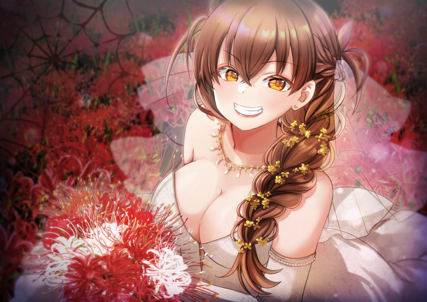 1girl absurdres alternate_hairstyle bouquet breasts bridal_veil bride dr._arach dress flower highres holding holding_bouquet large_breasts long_hair looking_at_viewer red_flower shimotsukishin silk smile solo spider_web tsukihime veil wedding_dress white_dress