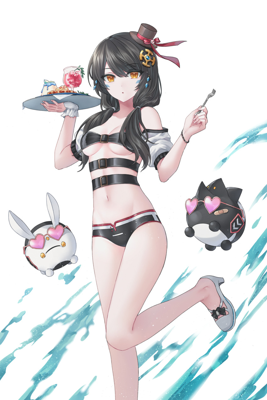 1girl artist_request bare_shoulders belt belt_bra bikini bikini_bottom_only black_bikini black_hair breasts commission cup detached_sleeves drinking_glass drone elsword eve_(2nas)_(elsword) eve_(elsword) fork hair_ornament hair_over_shoulder hands_up hat highres holding holding_fork holding_tray hurricane_glass leg_up long_hair looking_at_viewer low_twintails medium_breasts mini_hat mini_top_hat moby_(elsword) multiple_belts navel orange_eyes parted_lips remy_(elsword) sandals second-party_source solo standing standing_on_one_leg stomach swimsuit thighs top_hat tray twintails