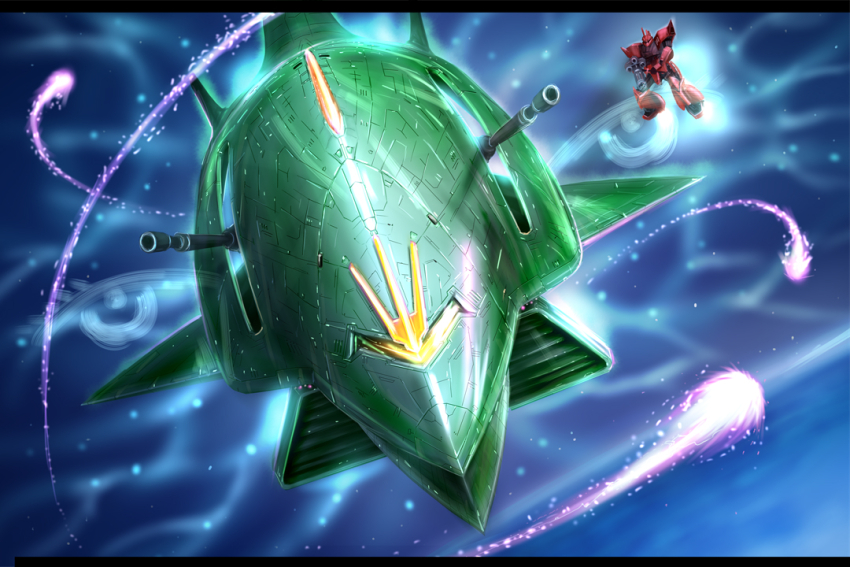 1girl elmeth energy energy_cannon eyelashes gelgoog gelgoog_s_char_custom ghost gundam lalah_sune mecha mobile_armor mobile_suit mobile_suit_gundam no_humans ondadoor robot space spacecraft spoilers starfighter transparent when_you_see_it zeon zero_gravity