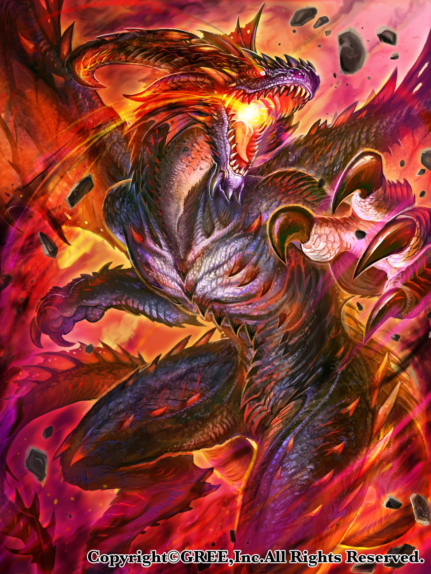 absurdres breath_weapon breathing_fire claws commentary_request dragon fire glowing glowing_eyes highres horns monster no_humans official_art open_mouth outdoors seisen_cerberus spread_wings watermark z.dk