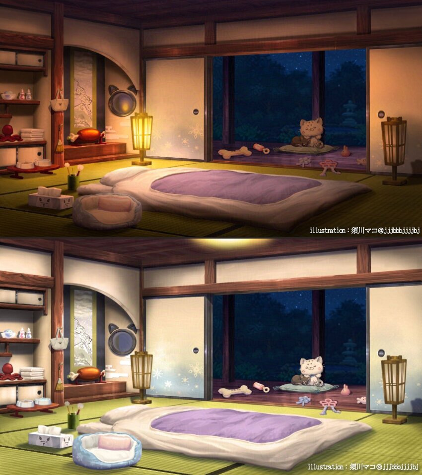 architecture bag bedroom bone boned_meat bowl broom cabinet cushion east_asian_architecture egasumi food futon hanging_scroll highres indoors kohaku_nene la_peche_party lamp meat mimikaki night no_humans official_art pet_bed pet_bowl pillow round_window scenery scroll shouji sliding_doors stone_lantern stuffed_animal stuffed_leopard stuffed_octopus stuffed_toy sugawa_mako tatami tissue_box tote_bag towel toy tree variations veranda window zabuton