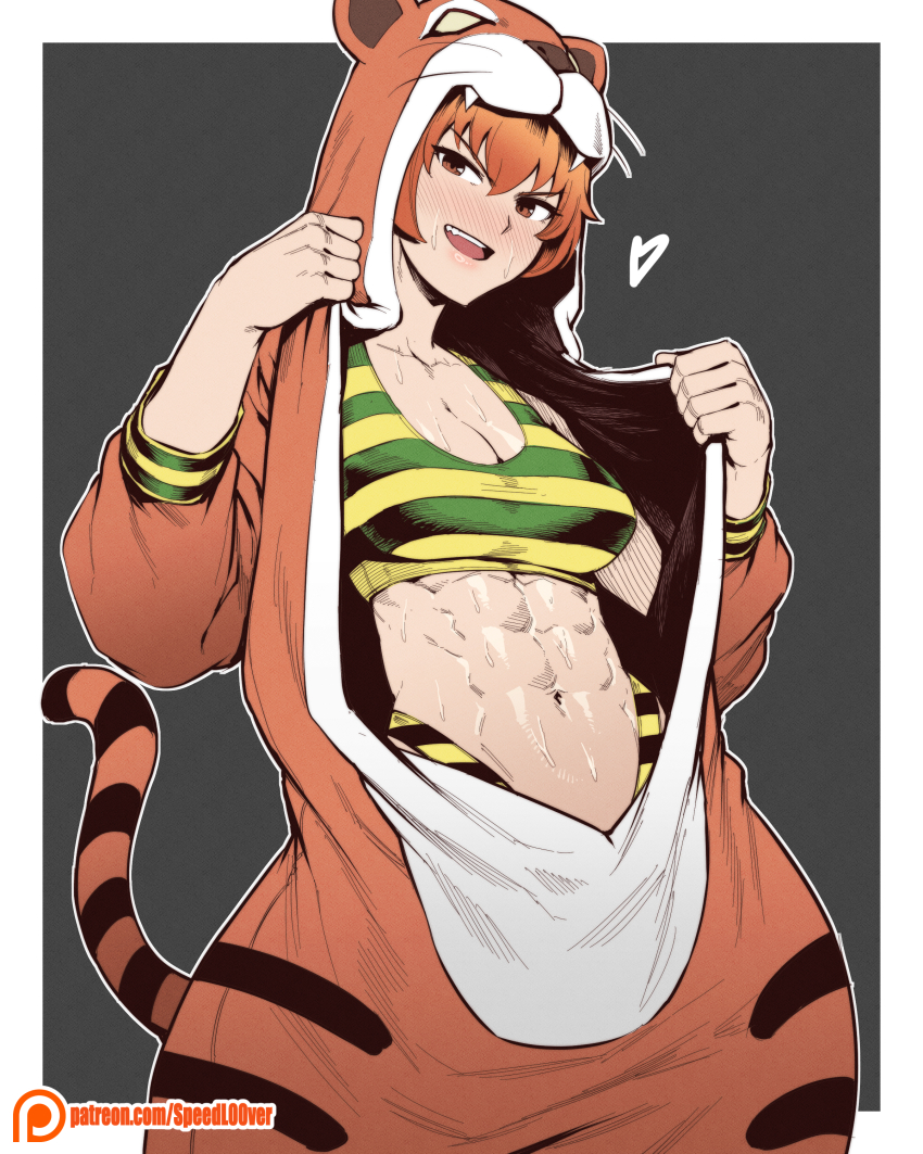 1girl abs absurdres animal_costume animal_hood animal_print bikini bikini_under_clothes breasts brown_eyes brown_hair commentary fate/grand_order fate_(series) green_bikini highres hood jaguarman_(fate) large_breasts looking_at_viewer navel open_mouth patreon_username red_eyes short_hair simple_background smile speedl00ver striped_bikini striped_clothes sweat swimsuit tiger_costume tiger_print yellow_bikini