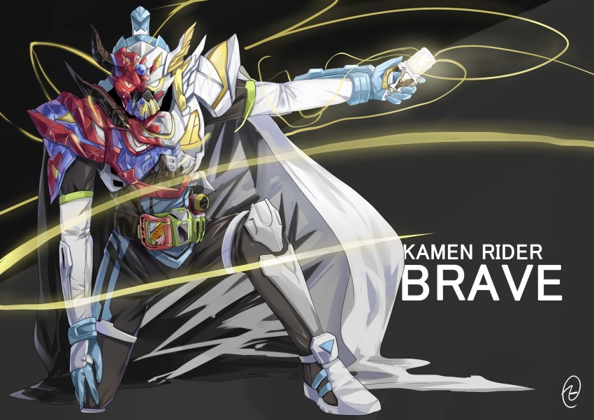 1boy absurdres armor cape character_name dual_rider_gashat helmet heterochromia highres kamen_rider kamen_rider_brave kamen_rider_ex-aid_(series) male_focus on_one_knee red_eyes rider_belt rider_gashat signature solo taddle_fantasy_level_50 taddle_legacy_level_100 yellow_eyes