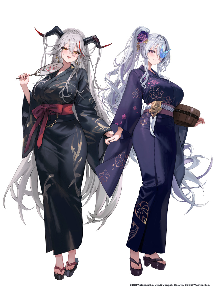 2girls absurdres aegir_(azur_lane) azur_lane black_kimono breasts bucket butterfly_over_eye commentary_request demon_horns floral_print floral_print_kimono flower freng full_body hair_flower hair_ornament hair_over_one_eye hand_fan highres holding holding_bucket holding_fan horns japanese_clothes kimono large_breasts long_hair looking_at_viewer manjuu_(azur_lane) multicolored_hair multiple_girls obi official_alternate_costume official_art open_mouth print_kimono purple_eyes purple_kimono red_hair sash side_ponytail simple_background standing streaked_hair two-tone_hair unzen_(azur_lane) very_long_hair white_background white_hair yellow_eyes
