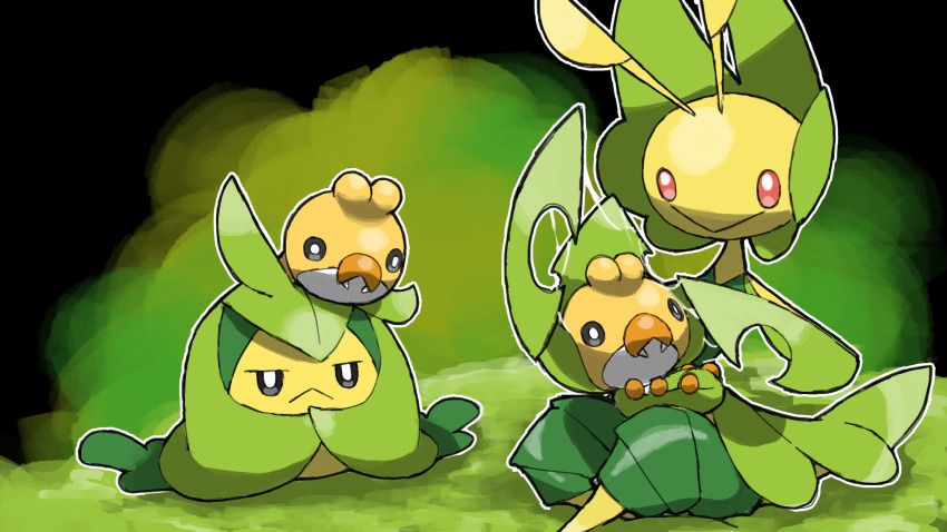 :&gt; :&lt; animal_focus antennae black_background blacknirrow bug closed_mouth evolutionary_line fangs gen_5_pokemon half-closed_eyes highres leaf leavanny nintendo no_humans on_head on_lap outline pokemon pokemon_(creature) pokemon_on_head pokemon_on_lap red_eyes sewaddle sitting smile swadloon white_outline