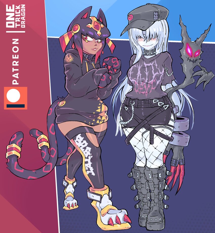 absurdres bastemon black_hair bracelet casual cat_girl claws covered_eyes demon_girl digimon digimon_(creature) glowing glowing_eyes highres jewelry ladydevimon looking_at_viewer onetrickdragon red_eyes tail white_hair