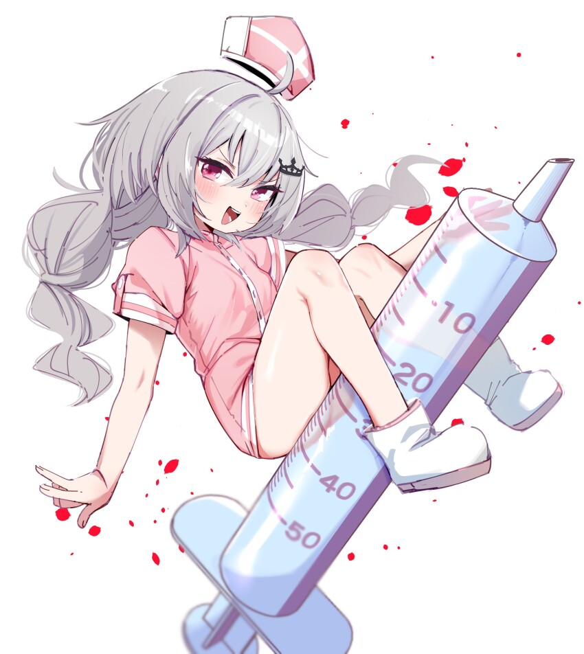 1girl :d absurdres ahoge blush boots braid commentary_request dress fang flat_chest full_body grey_hair hair_between_eyes hair_ornament hairclip hat highres long_hair looking_at_viewer nurse nurse_cap open_mouth oversized_object pink_dress pink_eyes ryogoku_tsukasa short_sleeves simple_background smile solo specialite_(company) syringe twin_braids twintails utsusumi_kio virtual_youtuber white_background