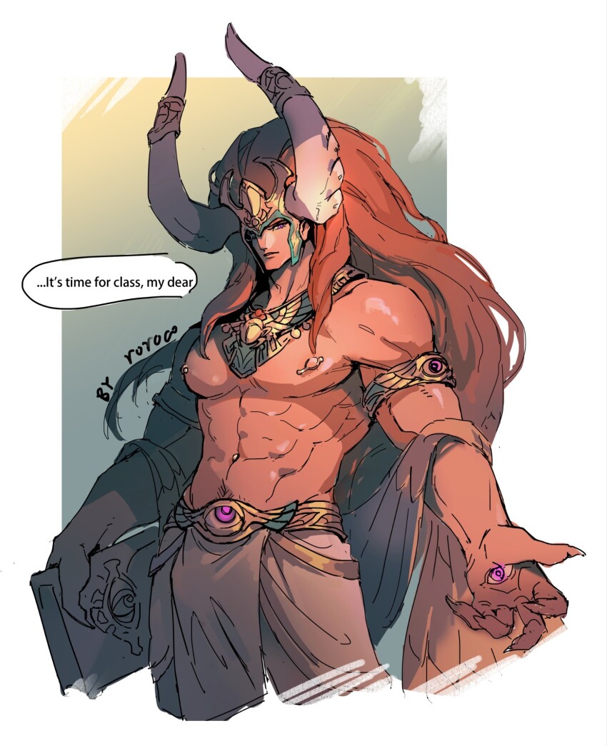 1boy abstract_background ancient_egyptian_hat artist_name book colored_skin commentary english_commentary english_text grimoire highres horns long_hair looking_at_viewer magnus_the_red male_focus muscular muscular_male nipple_piercing offering_hand outdoors outstretched_hand piercing primarch pubic_hair reaching reaching_towards_viewer red_hair red_skin roroco316 solo speech_bubble thousand_sons topless_male very_long_hair warhammer_40k white_background
