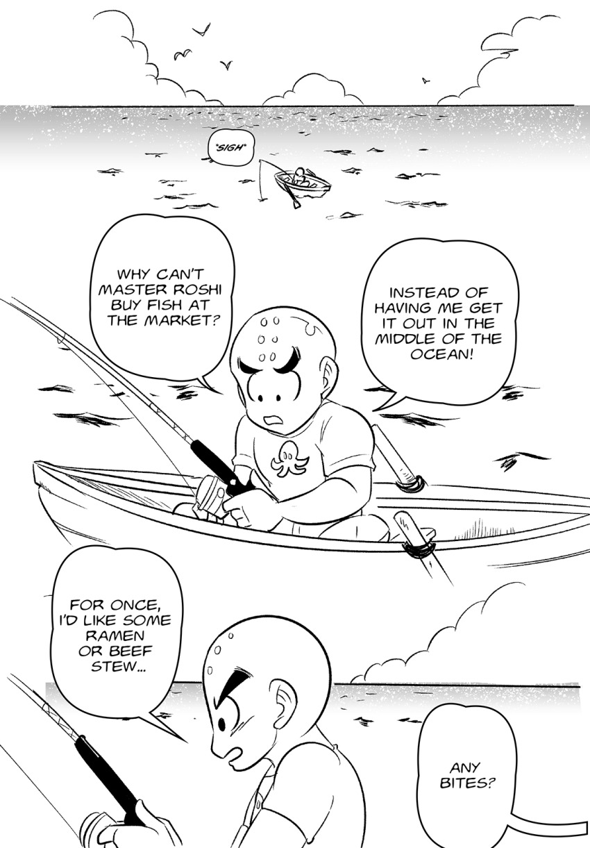 1boy bald black_eyes boat cloud comic dragon_ball english_text fishing fishing_rod funsexydb greyscale highres kuririn monochrome oars ocean octopus off_panel on_boat shirt speech_bubble watercraft