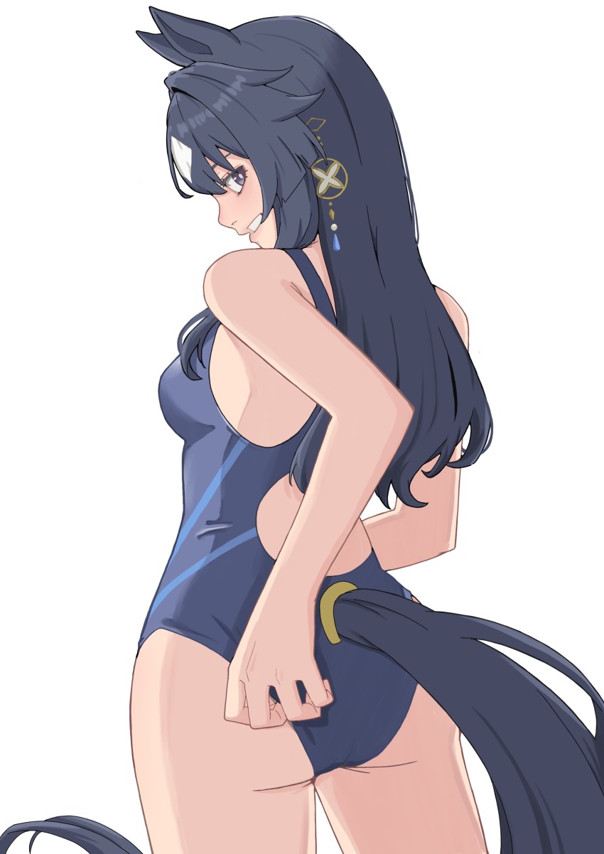 1girl absurdres animal_ears ass blue_hair breasts earrings grin hair_between_eyes highres horse_ears horse_girl horse_tail jewelry krim_(mvvs4747) long_hair looking_at_viewer medium_breasts purple_eyes simple_background single_earring smile solo swimsuit tail umamusume verxina_(umamusume) white_background