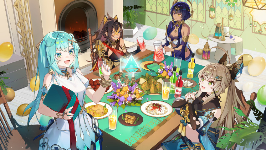 4girls :d absurdres aqua_hair armlet armpit_cutout balloon bare_shoulders blue_eyes blue_hair bottle bracelet brown_hair candace_(genshin_impact) clothing_cutout commentary crop_top dehya_(genshin_impact) dress faruzan_(genshin_impact) fireplace genshin_impact green_eyes grin hair_intakes hand_up heterochromia highres holding indoors jewelry kirara_(genshin_impact) long_hair midriff multiple_girls one_eye_closed open_mouth plate pointy_hair rice short_sleeves shotgunman smile stomach table twintails very_long_hair white_dress yellow_eyes