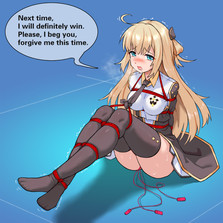 1girl absurdres ahoge bdsm black_dress black_necktie black_thighhighs blonde_hair blue_background blue_eyes blush bondage bound breasts collared_dress commentary crying crying_with_eyes_open dress drooling duel_monster english_commentary english_text female_focus haimei1980 hair_ornament hair_ribbon highres long_hair long_sleeves looking_at_viewer medium_breasts motion_lines necktie on_floor open_mouth red_rope ribbon rope saliva saliva_trail sex_toy shibari shibari_over_clothes simple_background skindentation sky_striker_ace_-_raye solo_focus speech_bubble sweat sweatdrop tearing_up tears thighhighs thighs tongue two-tone_dress upskirt vibrator vibrator_cord vibrator_under_clothes white_dress yu-gi-oh!