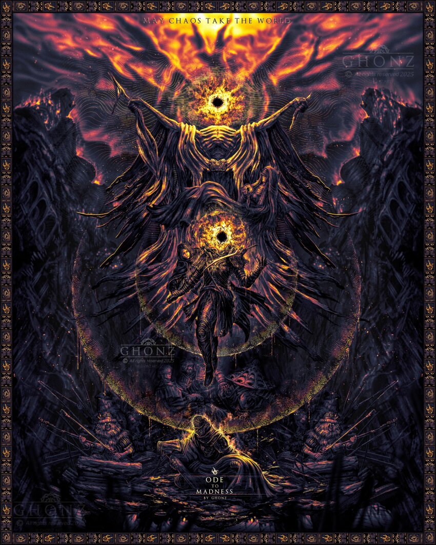 3girls 6+boys absurdres armor blindfold bloody_finger_hunter_yura coiled_sword elden_ring elden_ring:_shadow_of_the_erdtree emaciated fire flaming_head full_armor full_body ghonz_art headless helmet highres holding hood lord_of_the_frenzied_flame_(elden_ring) melina_(elden_ring) midra_lord_of_frenzied_flame multiple_boys multiple_girls nanaya_(elden_ring) orange_robe plate_armor rags robe roningasa roundtable_knight_vyke shabriri_(elden_ring) shawl sword tarnished_(elden_ring) torn_clothes torn_robe veil vyke&#039;s_finger_maiden weapon withered yellow_robe yellow_shawl yellow_theme