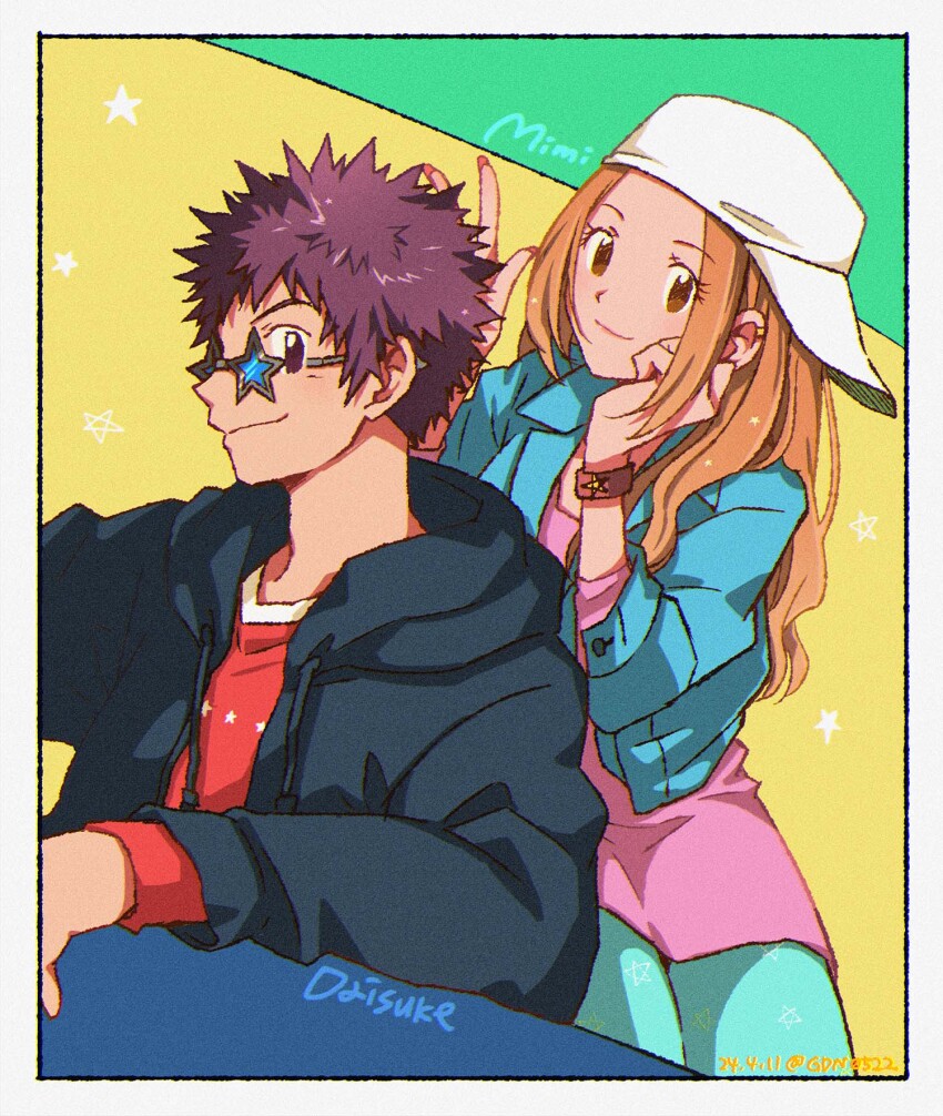 1boy 1girl aged_up baseball_cap black_cardigan blue-tinted_eyewear blue_jacket blue_pants bracelet brown_eyes brown_hair cardigan character_name closed_mouth dated digimon digimon_adventure_02 gdn0522 hat highres hood hood_down hooded_cardigan jacket jewelry long_hair long_sleeves motomiya_daisuke nail_polish open_cardigan open_clothes open_jacket pants pink_shirt red_nails red_shirt shirt short_hair smile spiked_hair star-shaped_eyewear star_(symbol) sunglasses tachikawa_mimi tinted_eyewear twitter_username white_hat