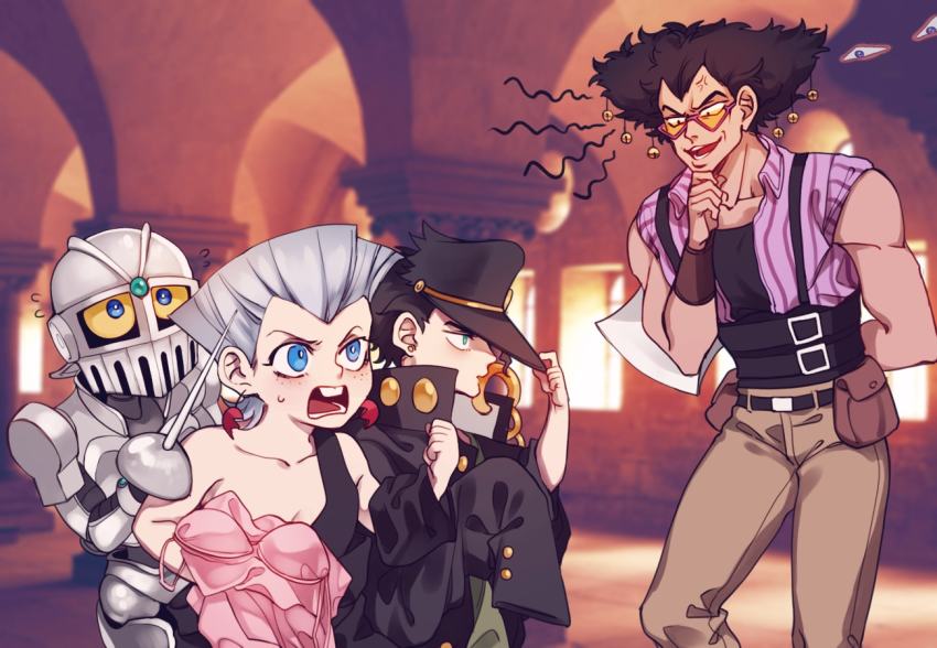 3boys age_regression aged_down alessi armor babydoll bell blue_eyes brown_hair buck_teeth earrings flattop gakuran grey_hair hair_bell hair_ornament hat jean_pierre_polnareff jewelry jojo_no_kimyou_na_bouken kuujou_joutarou multiple_boys oversized_clothes rapier school_uniform sempon_(doppio_note) silver_chariot stardust_crusaders sweat sword teeth vest weapon