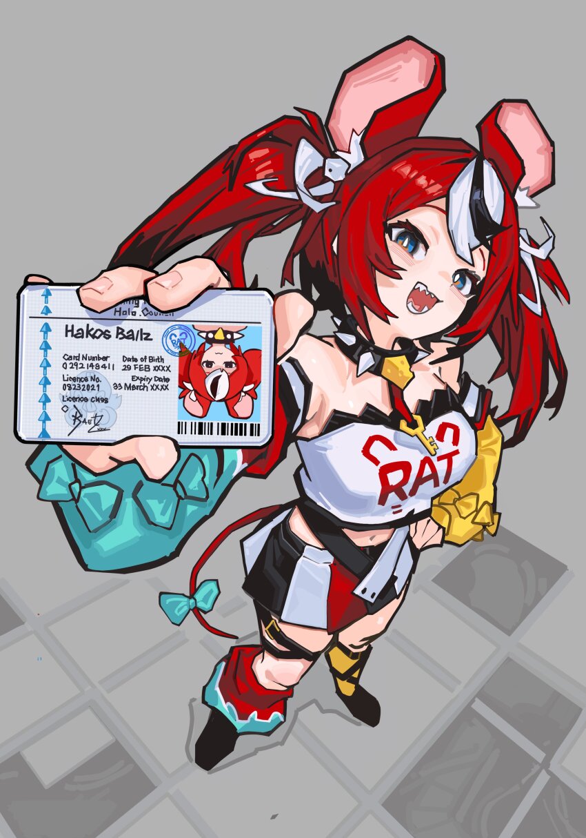 1girl :d absurdres animal_ears barcode black_hair blue_eyes collar commentary detached_sleeves english_commentary english_text from_above grey_background hakos_baelz hakos_baelz_(1st_costume) hand_on_own_hip highres holding_id_card hololive hololive_english id_card long_hair looking_at_viewer mouse_ears mouse_girl mouse_tail multicolored_hair old_metal_666 open_mouth perspective red_hair sharp_teeth shirt skirt smile spiked_collar spikes streaked_hair tail teeth twintails virtual_youtuber white_hair white_shirt