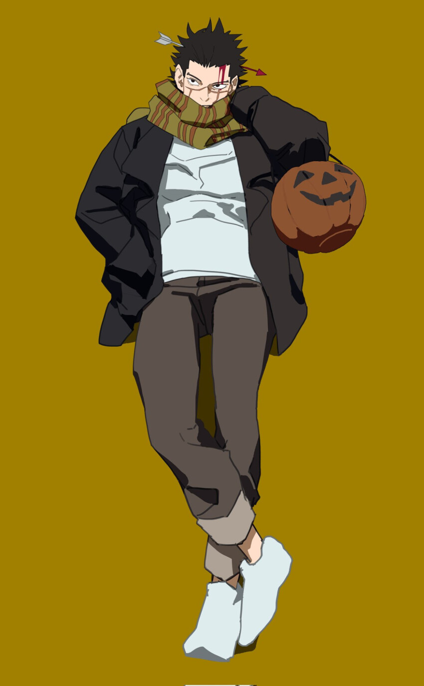 1boy arm_up black_coat blood blood_on_face coat crossed_legs fake_arrow_headband full_body galeblack golden_kamuy grey_pants halloween_bucket hand_in_pocket highres holding looking_to_the_side male_focus open_clothes open_coat pants patterned_clothing scar scar_on_face scarf shirt shoes sideways_glance simple_background sleeve_cuffs solo standing sugimoto_saichi unfinished white_shirt white_shoes yellow_background