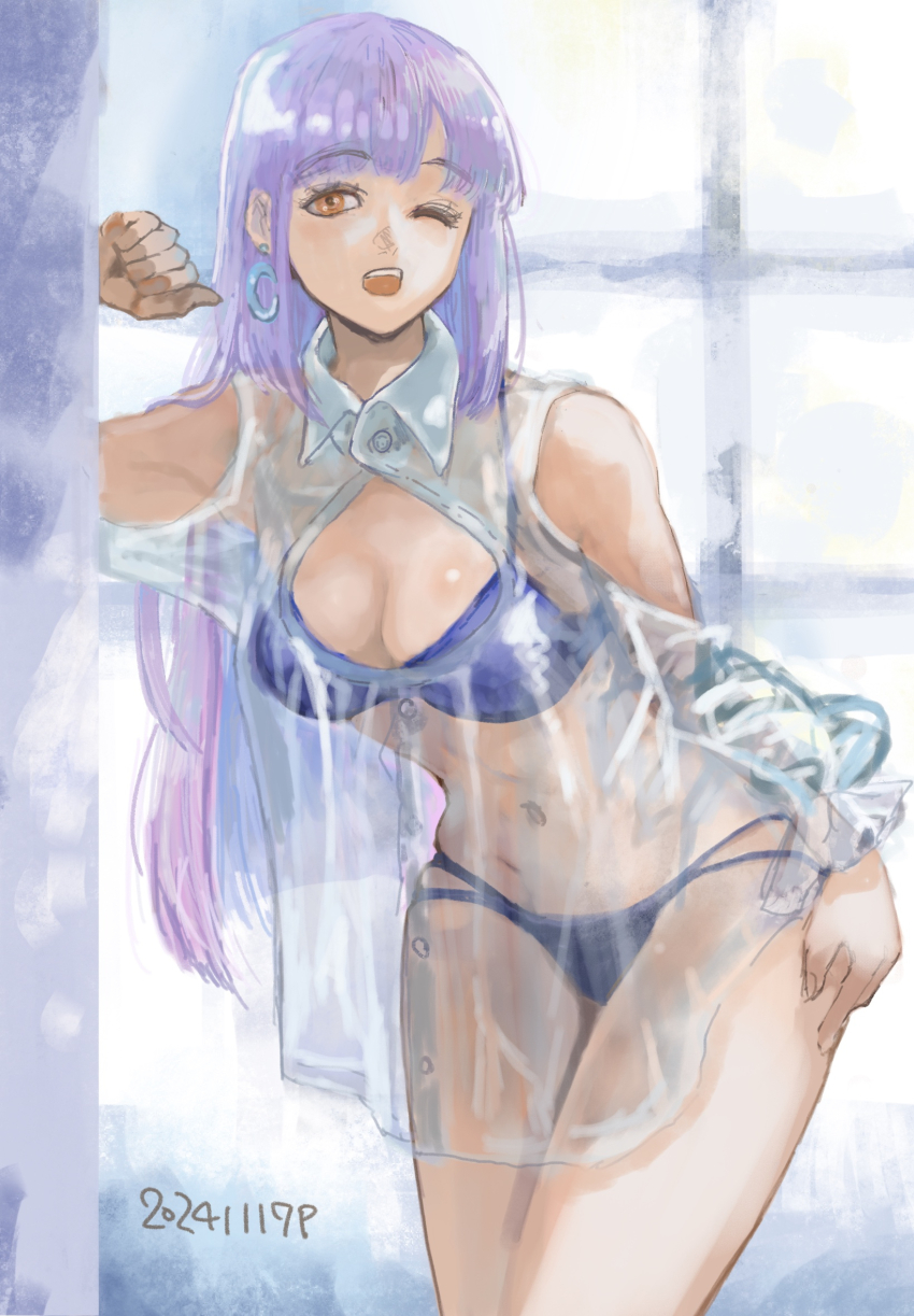 1girl bare_legs bikini blue_bikini blunt_bangs clothing_cutout collared_shirt dated dress_shirt earrings gundam gundam_zz highres jewelry leaning_forward long_hair multi-strapped_bikini_bottom okrdisk2000 open_mouth orange_eyes purple_hair roux_louka see-through_clothes see-through_shirt shirt shoulder_cutout solo straight_hair swimsuit traditional_media very_long_hair wing_collar