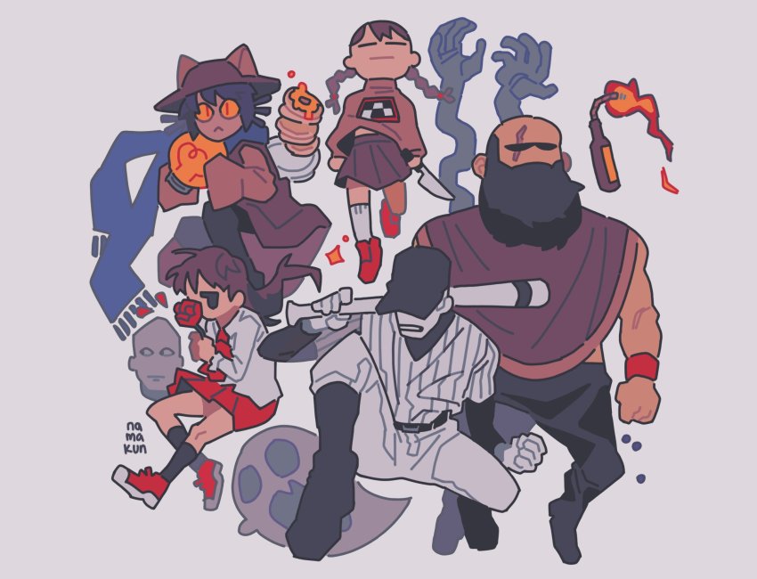 1other 2boys 2girls animal_hat artist_name bald baseball_bat baseball_cap baseball_uniform beard black_headwear brad_armstrong brown_hair cat_hat commentary english_commentary facial_hair flower food hat highres holding holding_flower holding_knife ib_(ib) ib_(kouri) knife light_bulb lisa_(series) lisa_the_painful madotsuki molotov_cocktail multiple_boys multiple_girls namaqun niko_(oneshot) off_(game) oneshot_(game) pancake red_flower red_footwear red_rose rose scar scar_across_eye scar_on_face simple_background skirt sportswear the_batter_(off) twintails yume_nikki