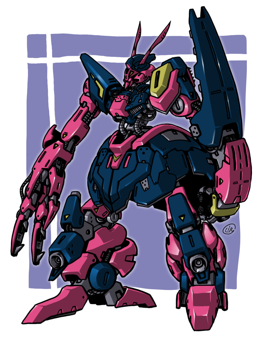absurdres baund_doc clenched_hand glowing glowing_eye gundam highres looking_down mecha mecha_focus no_humans one-eyed open_hand pink_eyes robot science_fiction solo standing yatta070622 zeta_gundam