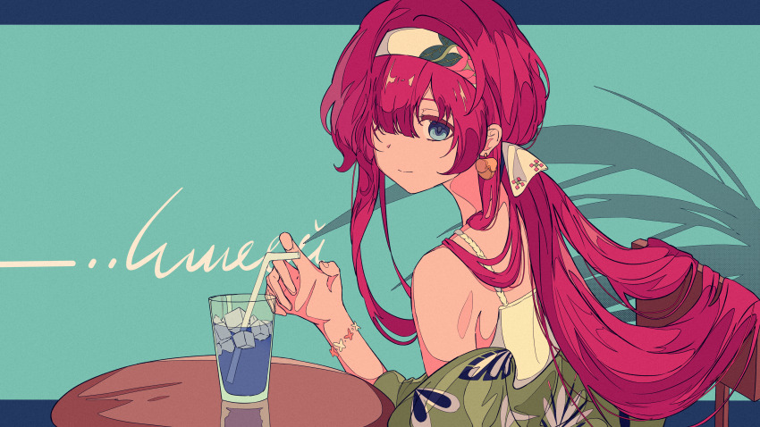 1girl absurdres aqua_background bare_shoulders blue_eyes capelet cup dress drink drinking_glass drinking_straw from_side green_capelet hair_over_one_eye hairband hand_up highres ice ice_cube letterboxed looking_at_viewer low_twintails official_alternate_costume one_eye_covered outside_border plant red_hair reverse:1999 round_table sleeveless sleeveless_dress solo spaghetti_strap table twintails upper_body white_dress white_hairband xiao_jin_caoooooooi yenisei_(around_the_riverbend)_(reverse:1999) yenisei_(reverse:1999)
