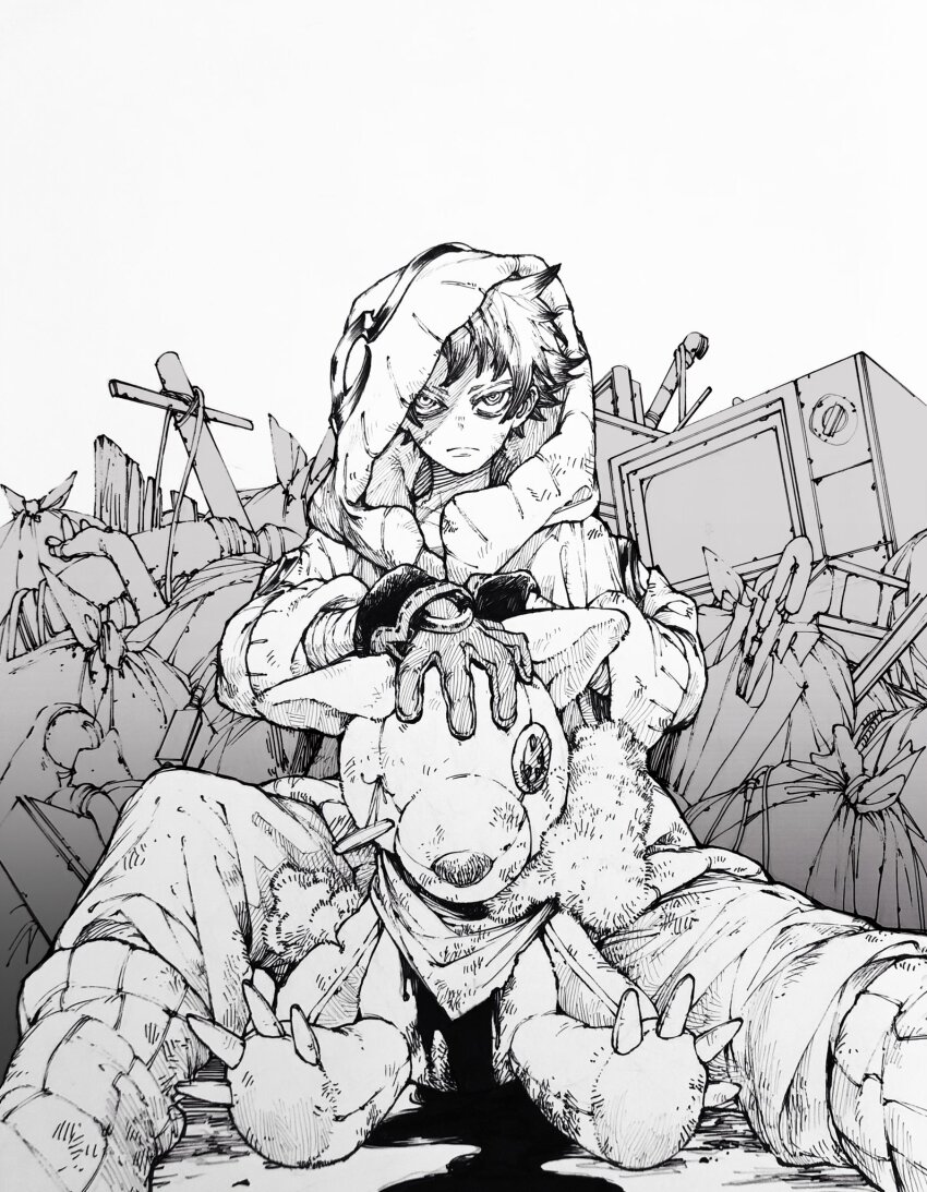 1boy baggy_pants gachiakuta gloves greyscale highres hood hoodie looking_at_viewer microwave monochrome official_art oversized_clothes pants rubble rudo_surebrec short_hair solo spiked_hair stuffed_animal stuffed_toy trash_bag umbrella urana_kei utility_pole v-shaped_eyebrows white_hair white_hoodie