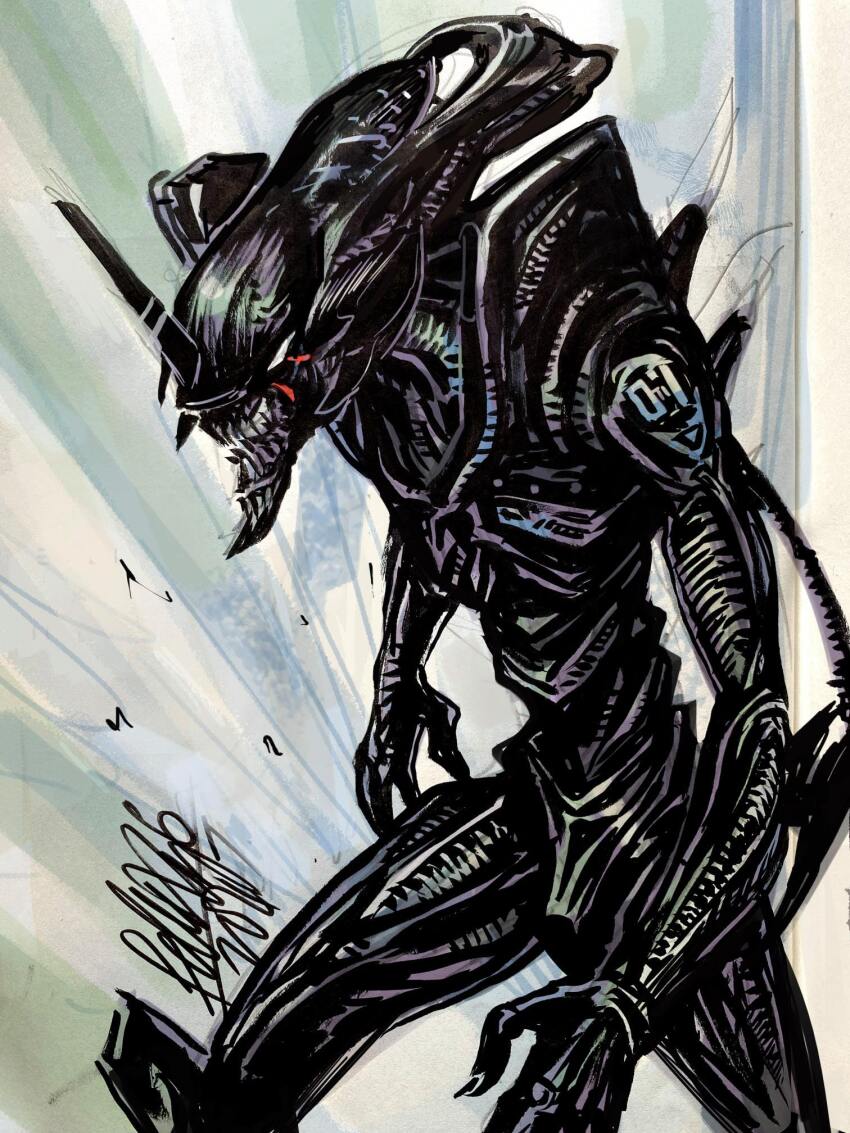 alien alien_(series) biomechanical carapace commentary crossover english_commentary eva_01 evangelion_(mecha) feet_out_of_frame felixxip fusion highres horns mechanical_horns monster neon_genesis_evangelion open_mouth science_fiction sharp_teeth signature sketch tail teeth white_eyes xenomorph