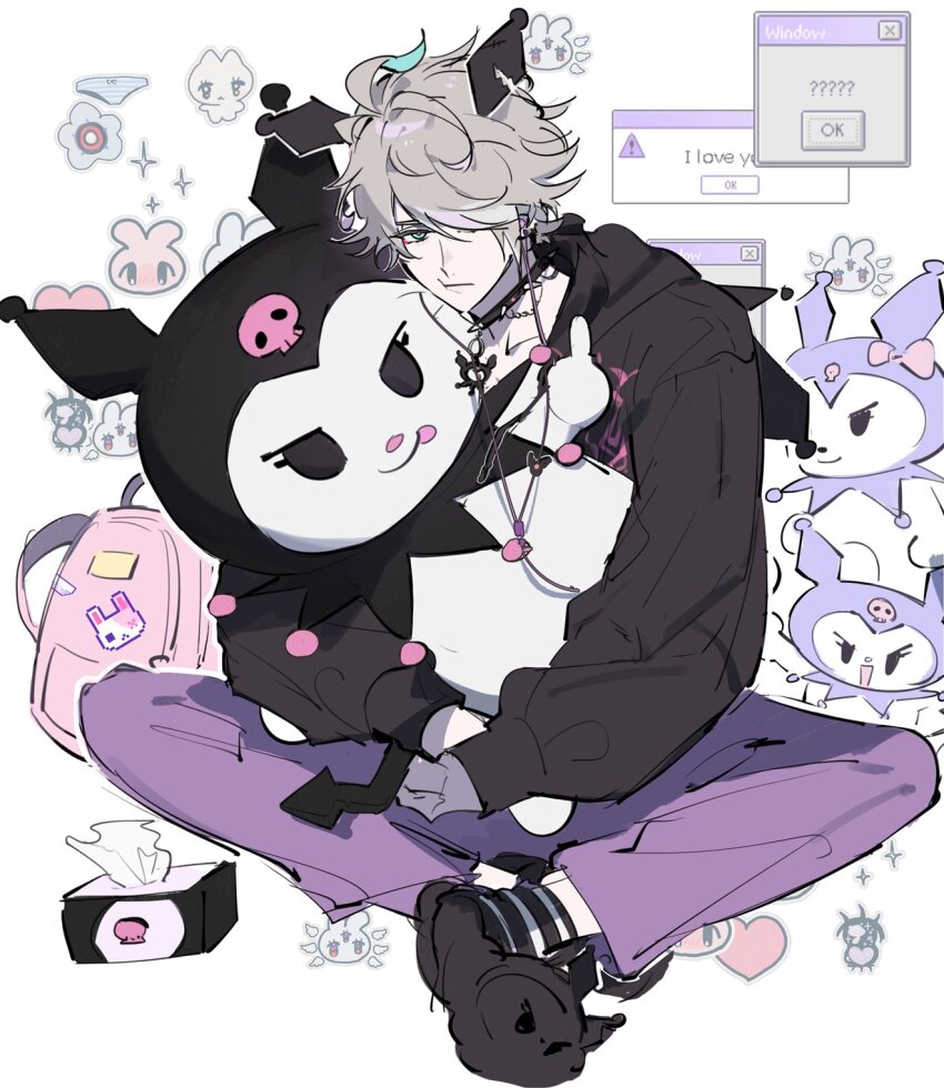 1boy :t ahoge alhaitham_(genshin_impact) animal_ears backpack bag black_choker black_footwear black_hoodie black_socks character_doll choker closed_mouth commentary doll earrings english_commentary fake_animal_ears frown genshin_impact green_eyes green_hair grey_hair hair_over_one_eye heart highres hood hood_down hoodie jewelry kuromi long_sleeves looking_at_viewer male_focus microsoft_windows middle_finger mmme0709 multicolored_hair necklace one_eye_covered onegai_my_melody pants parted_bangs pink_bag puffy_long_sleeves puffy_sleeves purple_pants sanrio short_hair sidelocks sign simple_background sitting slippers socks sparkle spiked_choker spikes striped_clothes striped_socks stuffed_toy swept_bangs tissue_box v-shaped_eyebrows warning_sign white_background white_socks window_(computing) windows_98 windows_classic