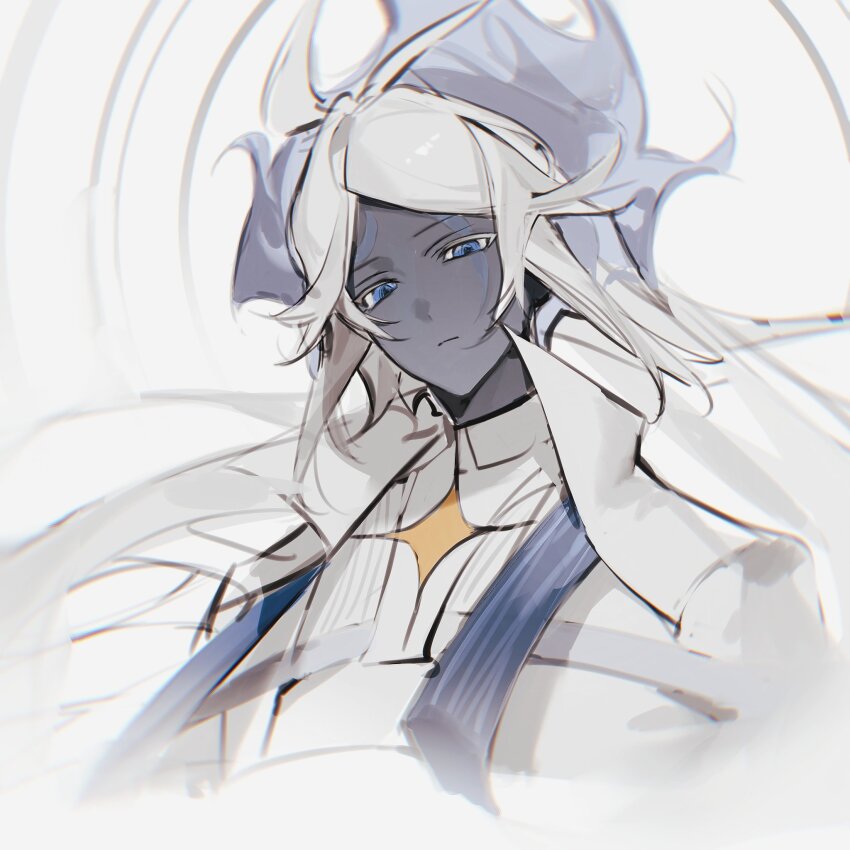 1boy blue_eyes blue_hair cape closed_mouth colored_skin cookie_run cookie_run:_kingdom dark_skin floating_hair grey_skin highres long_hair looking_down male_focus multicolored_hair senlly_2507 shirt simple_background solo stardust_cookie wavy_hair white_background white_cape white_shirt