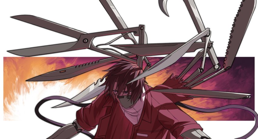 14_shizu 1boy dark-skinned_male dark_skin heathcliff_(project_moon) highres jacket knife limbus_company male_focus mask mechanical_arms mouth_mask multicrack_office_(identity)_(project_moon) multiple_weapons open_clothes open_jacket project_moon purple_eyes red_jacket scissors shirt torn_clothes torn_jacket turtleneck turtleneck_shirt white_shirt