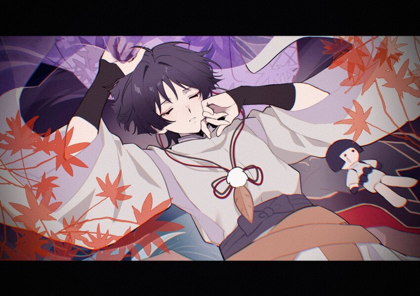 1boy armor arms_up black_hair blunt_ends bow closed_eyes clothing_cutout curled_fingers doll dutch_angle eyeliner eyeshadow feathers fingernails floral_print_veil genshin_impact hand_on_own_face highres japanese_armor japanese_clothes kariginu kote kurokote layered_sleeves leaf long_sleeves lying makeup male_focus maple_leaf on_back pom_pom_(clothes) purple_bow purple_sash purple_sleeves purple_veil red_eyeliner red_eyeshadow sash scaramouche_(genshin_impact) scaramouche_(kabukimono)_(genshin_impact) shoulder_cutout solo string tearing_up tears veil w02_14 white_sleeves yellow_feathers