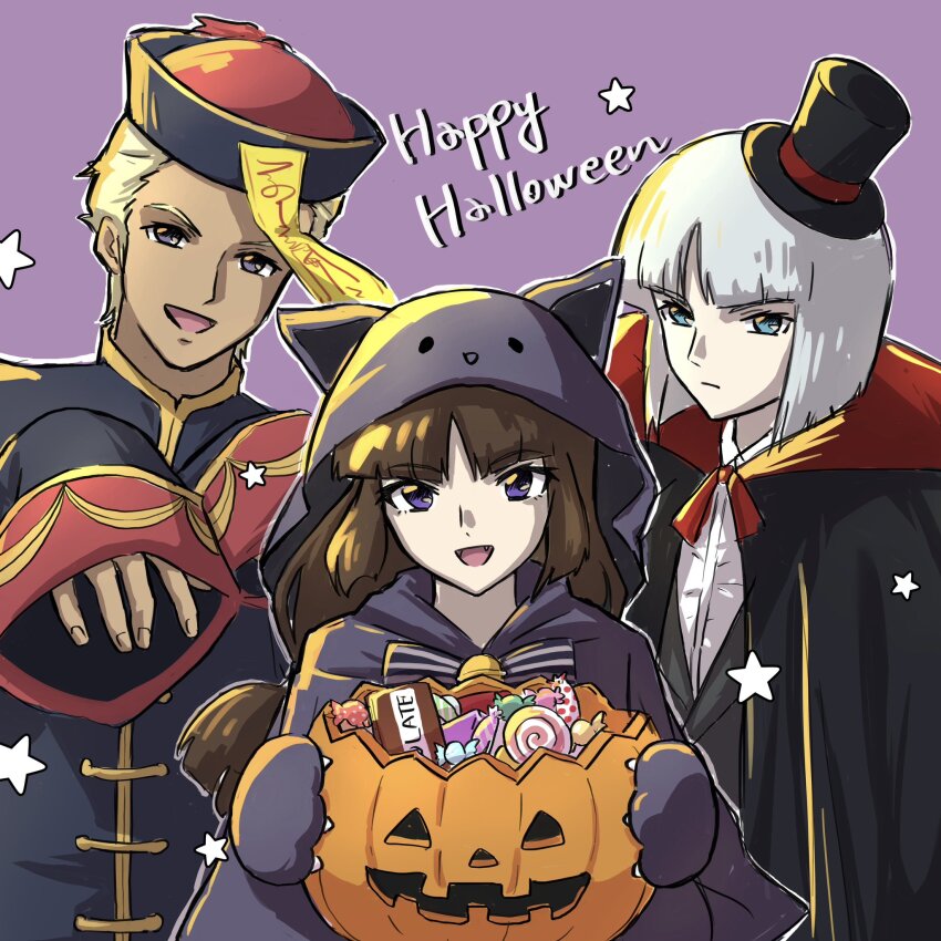 1girl 2boys animal_costume animal_ears animal_hands animal_hood blonde_hair blue_eyes brown_hair candy cape cat_costume cat_ears cat_hood cat_paws chinese_clothes dark-skinned_male dark_skin dearka_elsman english_text food gundam gundam_seed gundam_seed_destiny gundam_seed_freedom halloween halloween_costume happy_halloween hat highres hood jack-o&#039;-lantern jiangshi jiangshi_costume lollipop long_hair long_sleeves looking_at_viewer low-tied_long_hair multiple_boys ofuda ofuda_on_head open_mouth pumpkin purple_eyes qingdai_guanmao shiho_hahnenfuss shirt short_hair sleeves_past_fingers sleeves_past_wrists smile talisman tochio vampire_costume white_hair yzak_joule