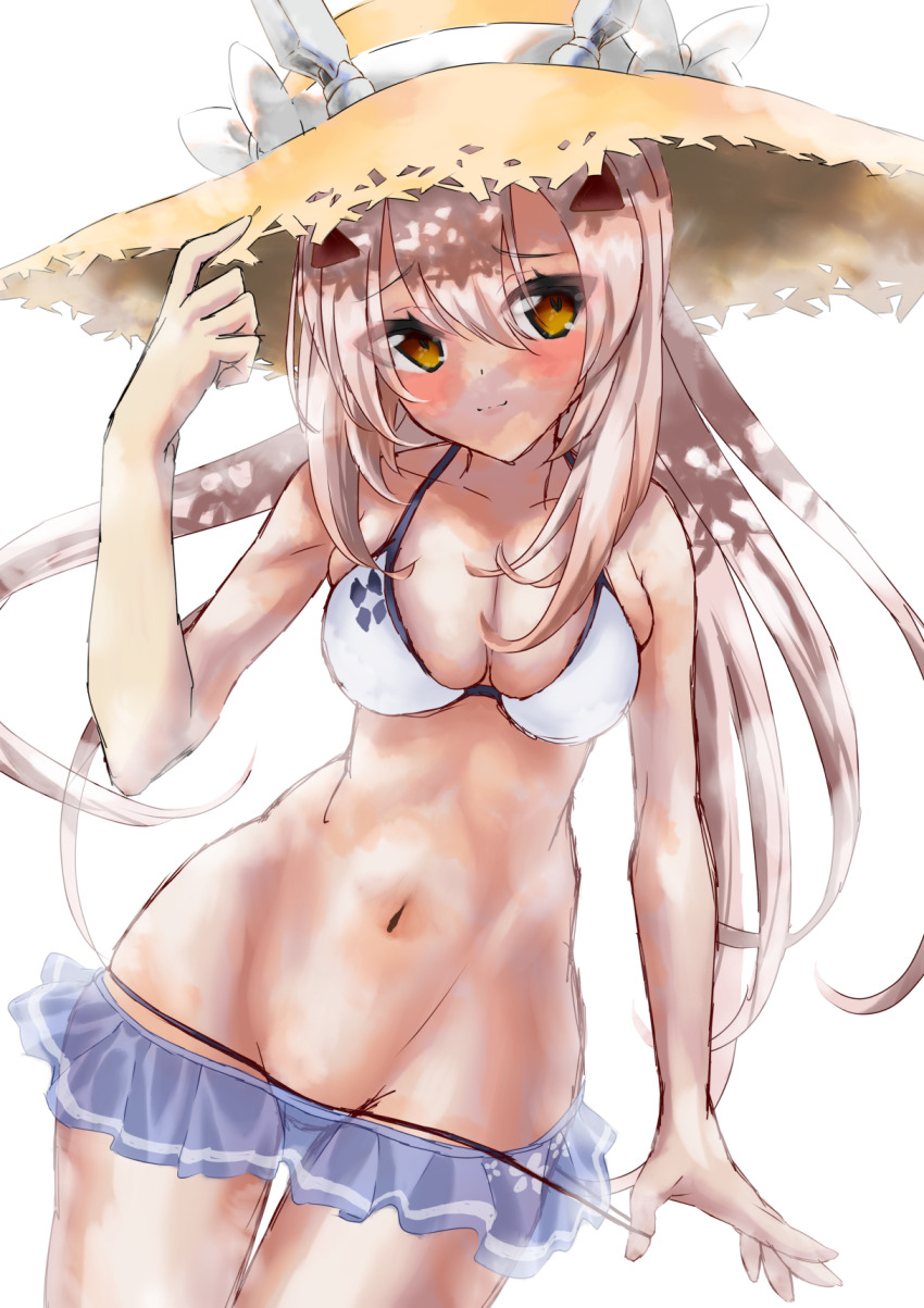 alternate_breast_size ayanami_(azur_lane) azur_lane bikini bikini_bottom_pull blush breasts hair_ornament highres large_breasts large_hat looking_at_viewer navel orange_eyes simple_background stomach swimsuit thsr_sawa_taki white_background white_hair