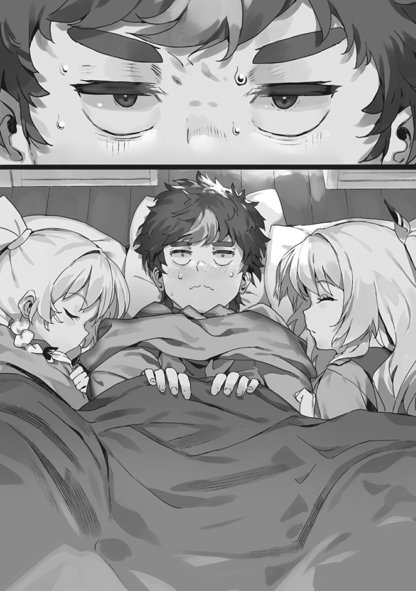 1boy 2girls alicia_vladia_sarkista blanket blush bow braid buta_koushaku charlotte_lily_hughjack close-up closed_eyes closed_mouth embarrassed from_above greyscale hair_between_eyes hair_bow hair_ribbon highres holding holding_blanket indoors jitome long_hair long_sleeves lying messy_hair monochrome multiple_girls multiple_views nauribon non-web_source novel_illustration official_art on_back parted_lips pillow profile ribbon scarf school_uniform shared_bed shared_blanket shirt short_hair side_braids sidelocks sleeping sleeping_together slow_denning sweat thick_eyebrows twintails two_side_up under_covers upper_body very_long_hair very_short_hair wavy_mouth wooden_floor