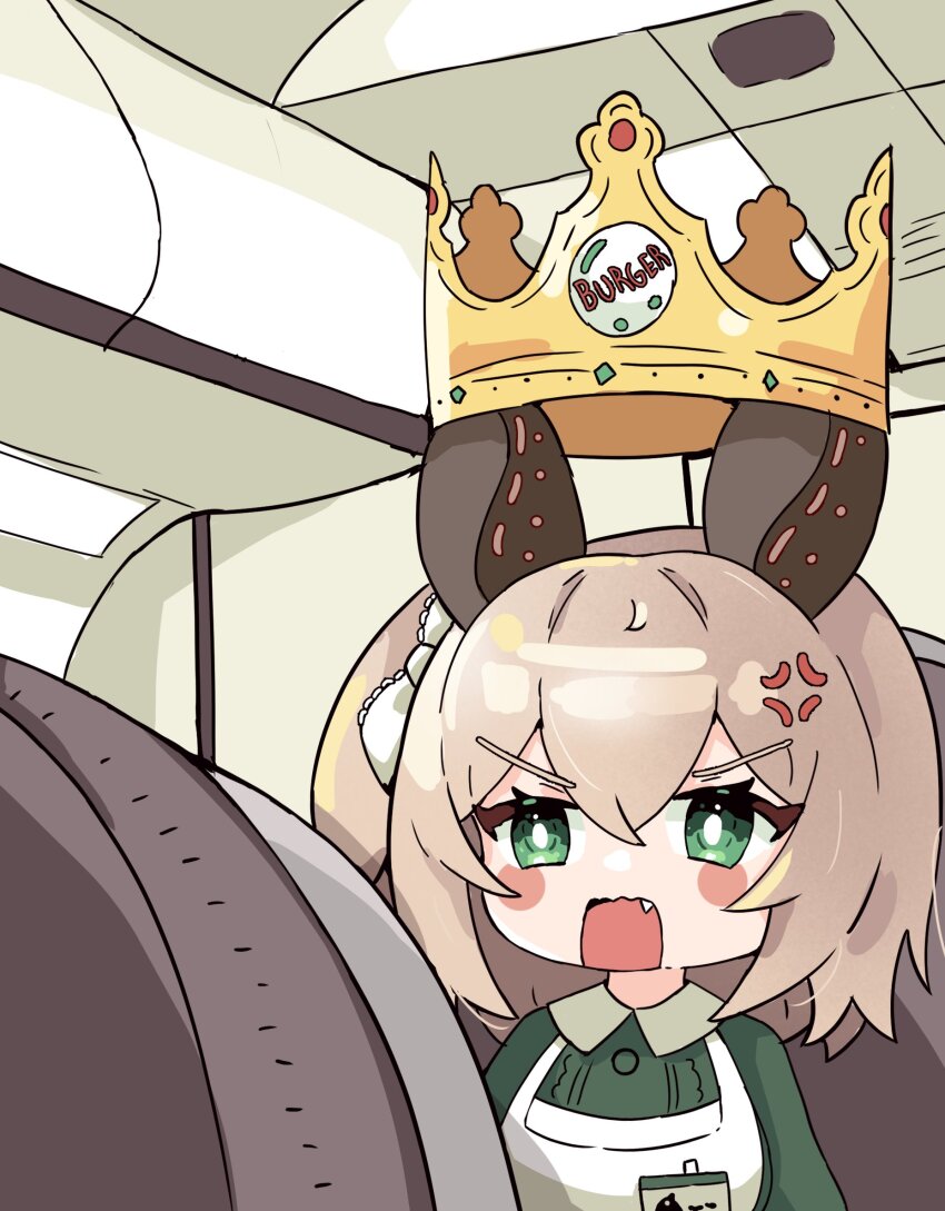 1girl airplane_interior anger_vein animal_ears apron blush_stickers brown_hair crown ddrawins dress fang green_dress green_eyes highres indie_virtual_youtuber jetblue_racist_burger_king_(meme) meme name_tag nimi_nightmare open_mouth paper_crown solo tapir_ears tapir_girl virtual_youtuber white_apron