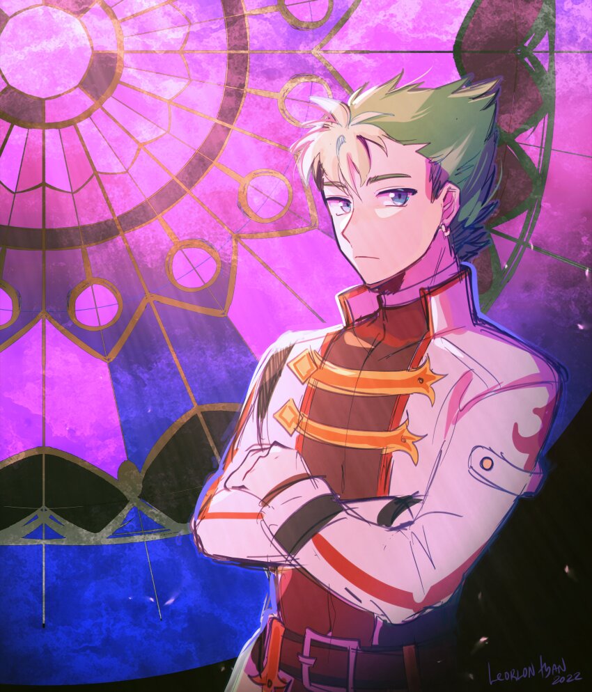 1boy 2022 absurdres artist_name belt blue_eyes closed_mouth commentary crossed_arms earrings eiyuu_densetsu expressionless green_hair high_collar highres hoop_earrings jacket jewelry kevin_graham leorlontyan looking_at_viewer male_focus short_hair solo sora_no_kiseki spiked_hair stained_glass twitter_username upper_body white_jacket