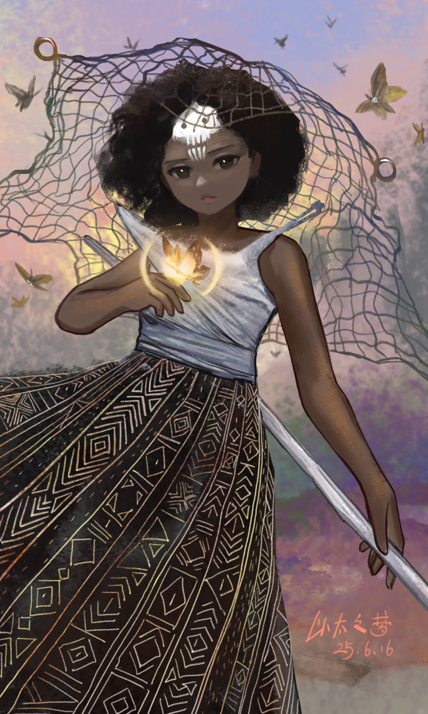 1girl 2025 absurdres african_clothes aminatou artist_name black_eyes black_hair black_skirt brown_eyes bug chinese_commentary commentary commentary_request curly_hair dark-skinned_female dark_skin dusk english_commentary expressionless glowing_insect gold_trim highres holding holding_staff insect looking_at_viewer magic:_the_gathering mixed-language_commentary moth net o-ring outdoors parted_lips shirt skirt skull_facepaint solo staff veil white_shirt yitai_zhi_meng