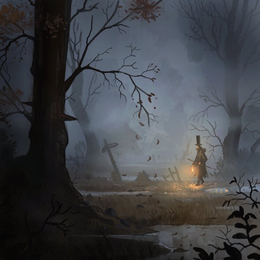 1boy artist_logo bare_tree branch building bush cane coat commentary english_commentary fog forest grass hat highres hiking holding holding_cane holding_lantern lantern leaf logo nature original outdoors plant rock scenery solo standing top_hat tree walking waltjan water
