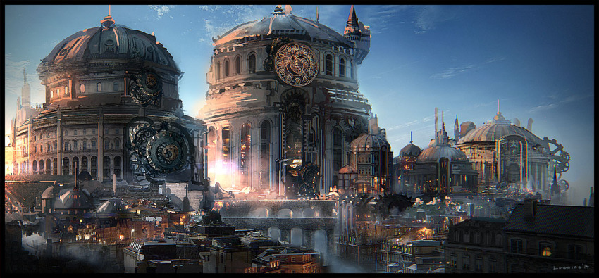 bad_id bad_pixiv_id black_border border clock dated day dome no_humans original rounin_(amuza) scenery signature sky steampunk