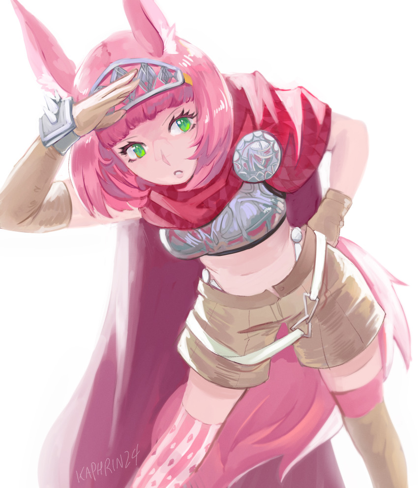 1girl :o absurdres animal_ears armor artist_name asymmetrical_gloves asymmetrical_legwear breastplate brown_gloves brown_shorts cape catherina_(metaphor:_refantazio) colored_skin cowboy_shot elbow_gloves gloves green_eyes highres kaphrin looking_to_the_side metaphor:_refantazio midriff mismatched_legwear pink_hair red_cape shading_eyes short_hair shorts simple_background solo tail uneven_gloves white_background