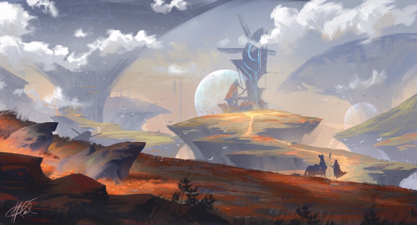 2others animal chinnkun cliff fog from_behind grass landscape mountain multiple_others original painterly planet rock science_fiction windmill