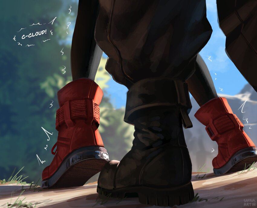 1boy 1girl absurdres black_footwear black_pants black_thighhighs boots cloud_strife english_text feet final_fantasy final_fantasy_vii final_fantasy_vii_remake foot_focus highres implied_sex outdoors pants red_footwear safaia speech_bubble thighhighs tifa_lockhart tiptoes